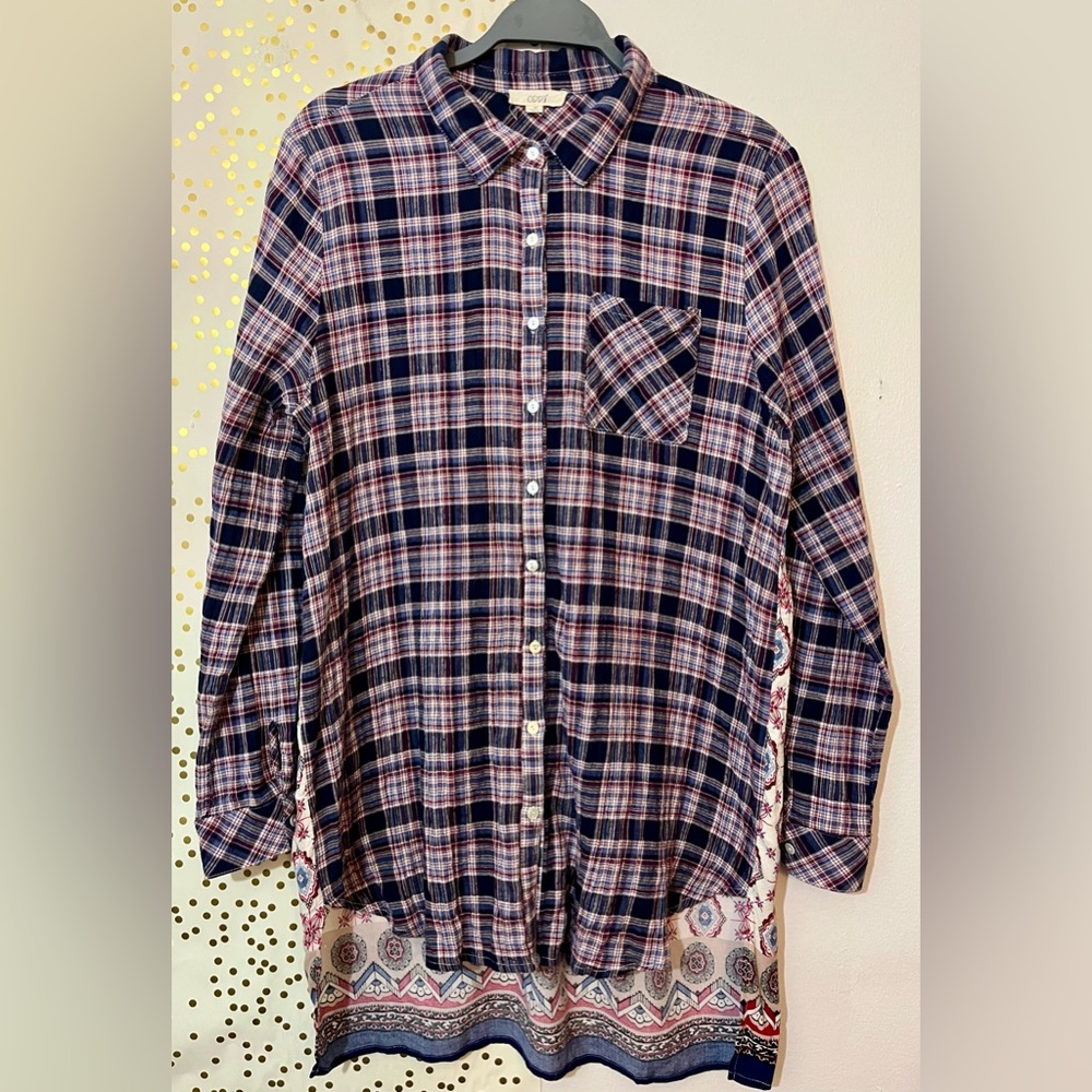 ODDY Plaid Front, Boho Back, High-Low Lightweight Button Shirt size Medium